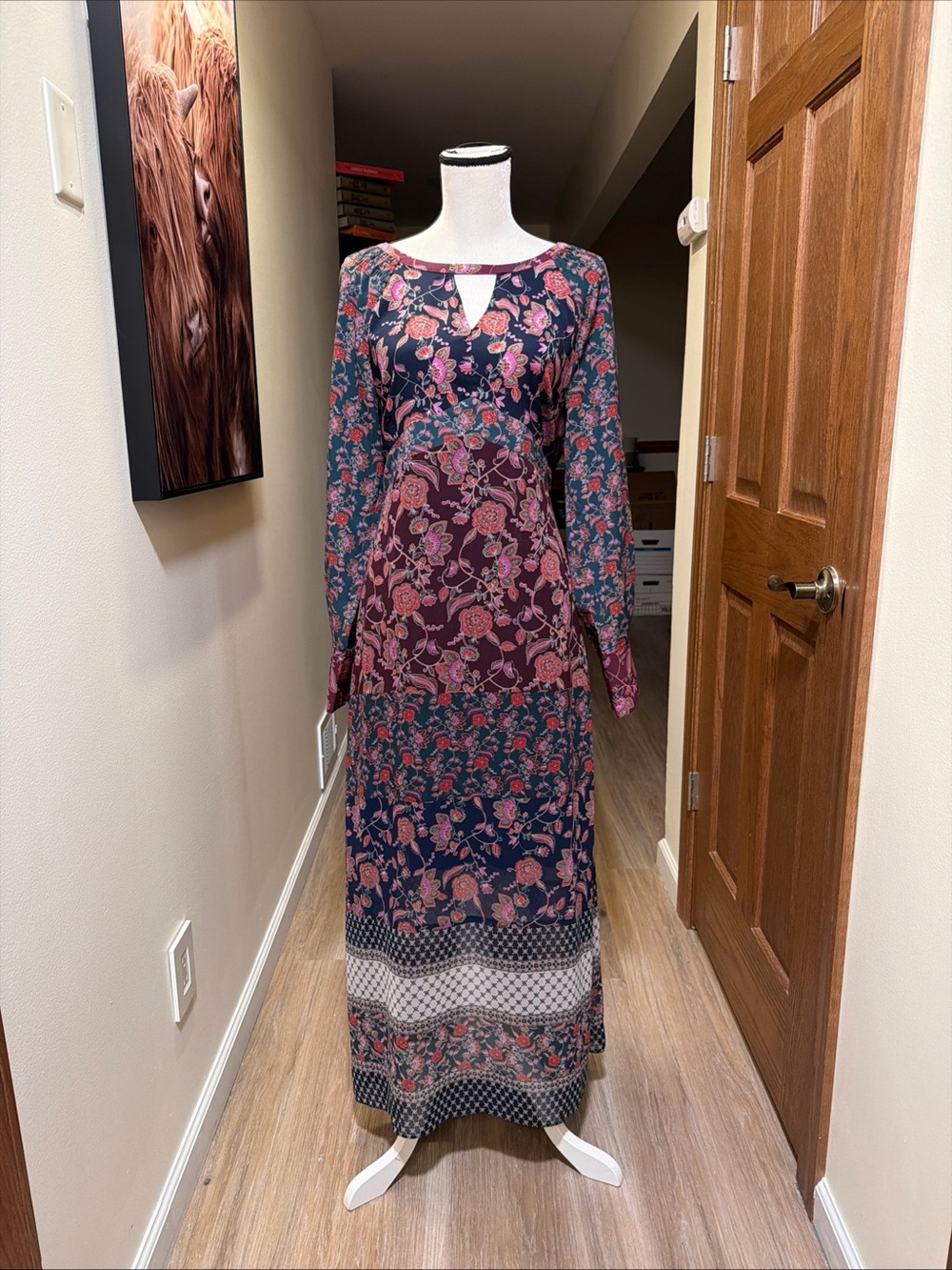 Cabi Women Size L Boho Floral Maxi Dress Long Sleeve Patchwork Folk NWT
